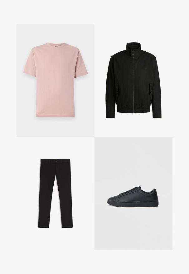Musta takki korkealla kauluksella, vetoketjulla edessä ja joustavalla vyötäröllä. Varustettu sivutaskuilla, joissa on suojapeitteet ja hienovarainen logotaito.; Vaaleanpunainen puuvillapaitaa, jossa on klassinen pyöreä kaula-aukko ja lyhyet hihat. Suora malli ja sileä kangas, jossa on vähän suunnitteluelementtejä.; Mustat housut, jotka on valmistettu sileätekstiilisestä kankaasta. Varustettu nappikiinnityksellä, vyölenkeillä ja sivutaskuilla. Standardi suora lahjemalli.; Mustat lenkkarit, jotka on valmistettu sileästä nahasta, matalalla varrella, pyöreällä varvalla ja tasaisella kumipohjalla. Varusteena nauhat ja huomaamaton brändäys.