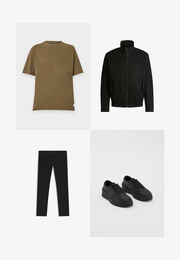 Black jacket with a high collar, zippered front, and elastic waistband. Features side pockets with cover flaps and subtle logo detailing.; Olive green cotton t-shirt with a crew neck, short sleeves, and a relaxed fit. Features clean lines and a small label at the hem.; Black trousers made of fabric with a smooth texture. Features a button closure, belt loops, and side pockets. Standard straight-leg design.; Black sneakers made of smooth leather with a cushioned sole. Features include flat laces, perforations on the toe, and a sleek silhouette.
