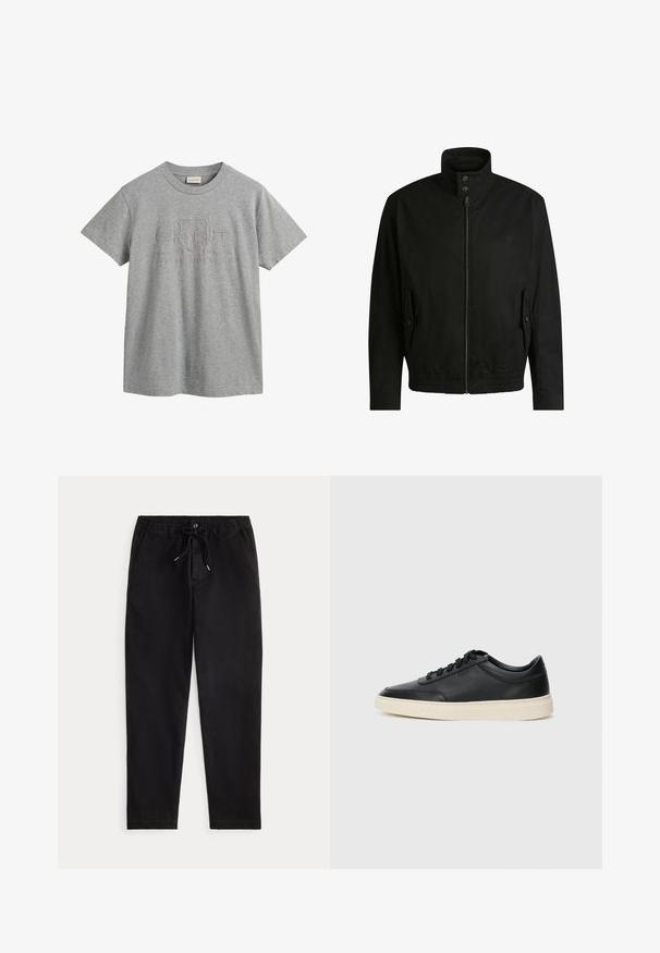 Black jacket with a high collar, zippered front, and elastic waistband. Features side pockets with cover flaps and subtle logo detailing.; Gray cotton T-shirt with short sleeves, rounded neckline, featuring a raised logo design that includes "GANT" and "American Sportswear."; Black casual trousers with elastic waistband, drawstring tie, front button, and side pockets, displayed on a plain background.; Black low-top leather sneaker with black laces and off-white sole shown in side profile on white background.