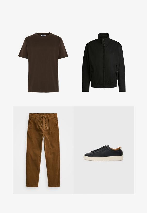 Sort jakke med høj krave, lynlåslukning foran og elastisk liv. Har sidelommer med coverlapper og subtile logo-detaljer.; Minimum AARHUS - T-shirts basic - 1914 seal brown; Brune corduroy bukser med en elastisk talje med snøre, sidelommer og lige ben med tekstureret ribbing.; Sorte lædersneakers med en glat overflade, beige gummisål, snørebåndsdesign og en kontrastfarvet hæl.