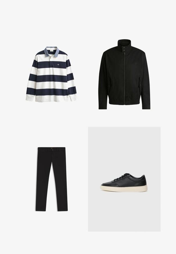 Schwarze Jacke mit hohem Kragen, Reißverschluss vorne und elastischem Bund. Enthält Seitentaschen mit Klappen und dezenten Logodetails.; Marineblaue und weiße gestreifte Poloshirt mit langen Ärmeln, denimähnlichem Kragen und besticktem Logo auf der Brust. Glattes Baumwollmaterial.; Schwarze Hosen aus einem Stoff mit glatter текстуре. Verfügt über einen Knopfverschluss, Gürtelschlaufen und Seitentaschen. Klassisches Design mit geradem Bein.; Schwarzer niedriger Ledersneaker mit schwarzen Schnürsenkeln und cremefarbenem Sohlenrand, seitlich auf weißem Hintergrund dargestellt.