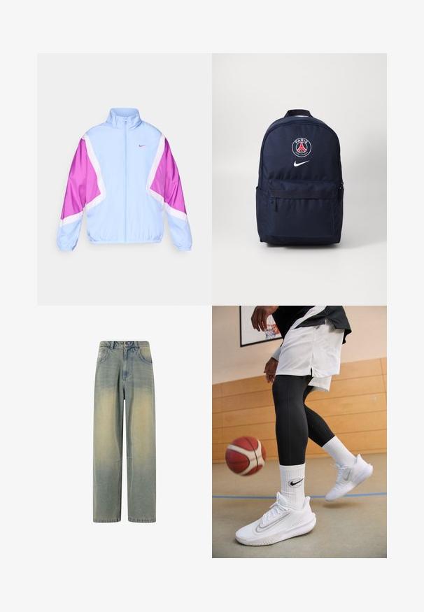 Vaaleansininen takki, jossa on vaaleanpunaisia ja valkoisia geometrisia kuvioita, korkea kaulus, täysipitkä vetoketju ja joustavat hihansuut. Nike-logo rinnan kohdalla.; Valkoinen lyhythihainen t-paita, joka on valmistettu pehmeästä puuvillasta. Ominaisuuksiin kuuluu pyöreä kaula-aukko, rento istuvuus ja sileä tekstuuri. Ei näkyviä kuvioita tai koristeita.; Vaaleansiniset denim-levyyn lahkeet, joissa on haalistunut gradientti, viisi taskua ja klassinen vyötärö vyölenkeillä.; Nike Performance PRECISION 7 - Koripallokengät - white/light smoke grey/photon dust; Tummansininen reppu, jossa vetoketjusuljenta ja etutasku. Reppuun on painettu Paris Saint-Germainin logo punaisena, valkoisena ja sinisenä. Nike-logo löytyy alareunasta.