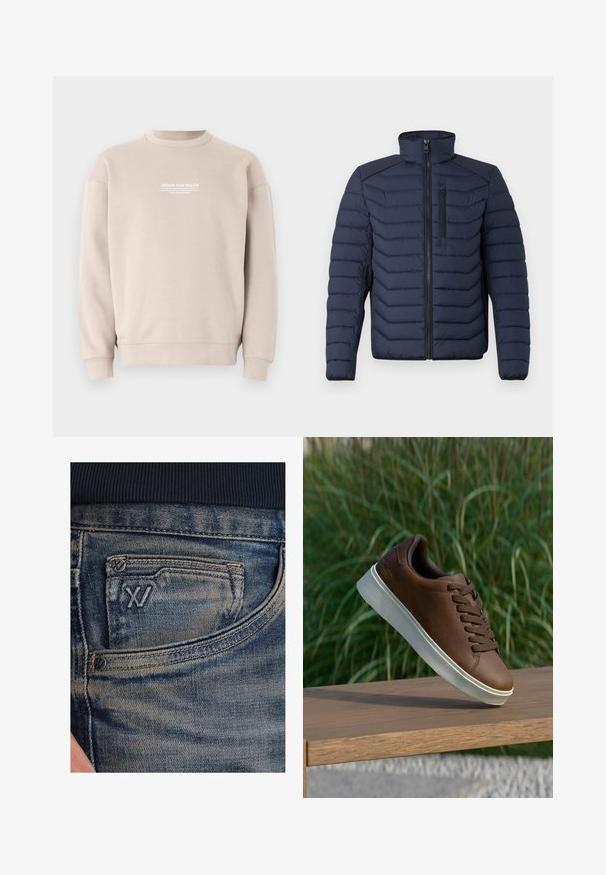 Mornarska puf jakna s okomitim šavovima, visokim ovratnikom, zatvaračem sprijeda i džepom na prsima; sadrži kontrastnu tkaninu na ramenima.; Bež dukserica izrađena od mekog materijala s dizajnom okruglog izreza. Sadrži bijeli logotip s tekstom na prsima te rebraste manšete i rub.; Plave traperice s izblijedjelom teksturom, s džepom za kovanice i crnim logotipom sprijeda. Pojas je od tamno plave rebraste tkanine.; Smeđe kožne tenisice s bijelim gumiranim potplatom, zaobljenim nosom i smešnim vezicama. Teksturirana površina na potplatu i glatka završna obrada na gornjem dijelu.