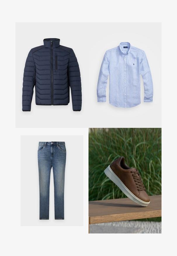 Tengerészeket idéző pufferek vízszintes varrásokkal, magas gallérral, cipzáras elülső résszel és mellzsebbel; kontrasztos anyag a vállakon.; Kék és fehér csíkos, hosszú ujjú pamut ing, gombos gallérral, elől gombokkal és egy kis hímzett logóval a mellkason.; TOM TAILOR JOSH - Egyenes szárú farmer - clean light stone blue denim; Barna bőr tornacipő fehér gumi talppal, lekerekített orral és barna fűzős kialakítással. A talp texturált tapadással, míg a felsőrész sima felülettel rendelkezik.