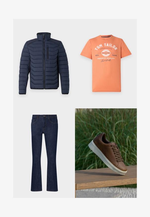 Marineblauwe pufferjas met verticale stiksels, hoge kraag, rits aan de voorkant en borstzak; beschikt over contrasterende stof op de schouders.; Korte mouwen T-shirt in koraaloranje met ronde hals. Bevat witte grafische tekst en logo-detaillering op de voorkant. Van katoen.; Donkerblauwe denim flared jeans met een middelhoge taille, vijf zakken en contrasterende stiksels. Gladde textuur met minimale slijtage.; Bruine leren sneaker met een witte rubberen zool, ronde neus en bruine veters. Getextureerde grip op de zool en een gladde afwerking op het bovenwerk.