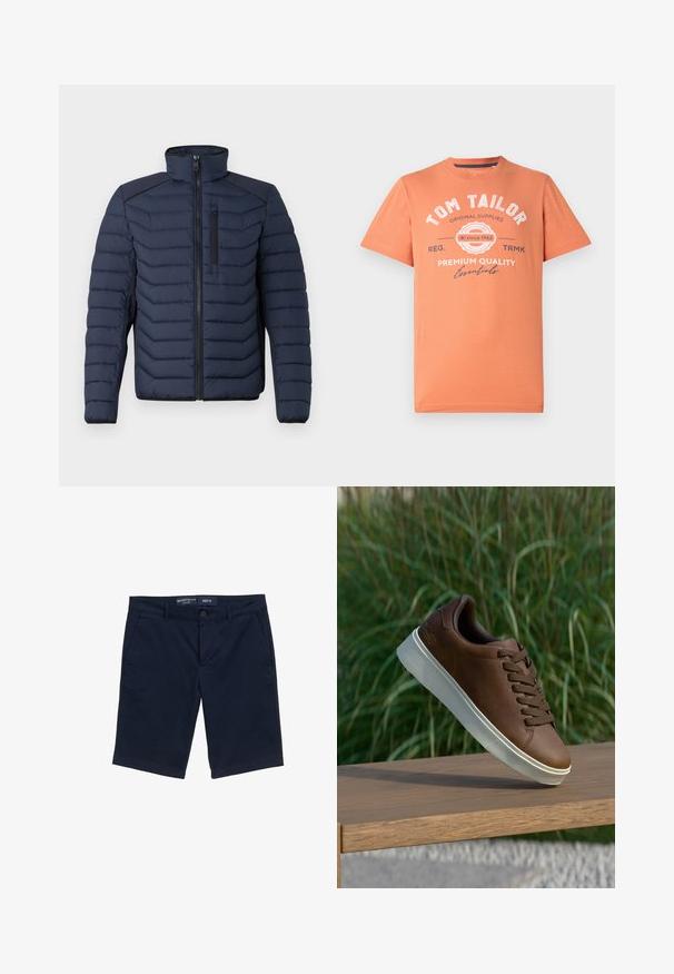 Mornarska puf jakna s okomitim šavovima, visokim ovratnikom, zatvaračem sprijeda i džepom na prsima; sadrži kontrastnu tkaninu na ramenima.; T-shirt kratkih rukava u koraljno narančastoj boji s okruglim izrezom. Ima bijeli grafički natpis i detalje logotipa na prednjoj strani. Pamučni materijal.; Tamno plave šortse od mješavine pamuka, sa zatvaranjem na dugme, bočnim džepovima i ravnim krojem. Vidljiva oznaka veličine M.; Smeđe kožne tenisice s bijelim gumiranim potplatom, zaobljenim nosom i smešnim vezicama. Teksturirana površina na potplatu i glatka završna obrada na gornjem dijelu.