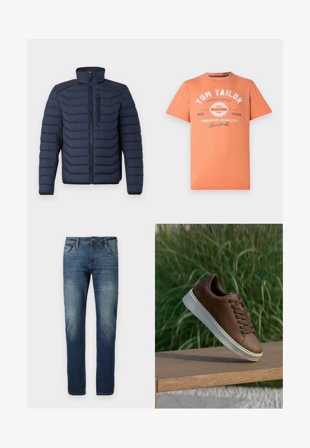 Casaco tipo puffer azul-marinho com costuras verticais, gola alta, fecho de correr à frente e bolso no peito; apresenta tecido contrastante nos ombros.; T-shirt de mangas curtas em laranja coral com decote redondo. Apresenta texto gráfico branco e detalhes do logótipo na parte da frente. Material em algodão.; Jeans de denim azul com corte straight-leg, frente desbotada, costura em contraste, cinco bolsos e fecho de botão.; Sapatilha de couro castanho com sola de borracha branca, bico redondo e atacadores castanhos. Superfície texturizada na sola e acabamento suave na parte superior.