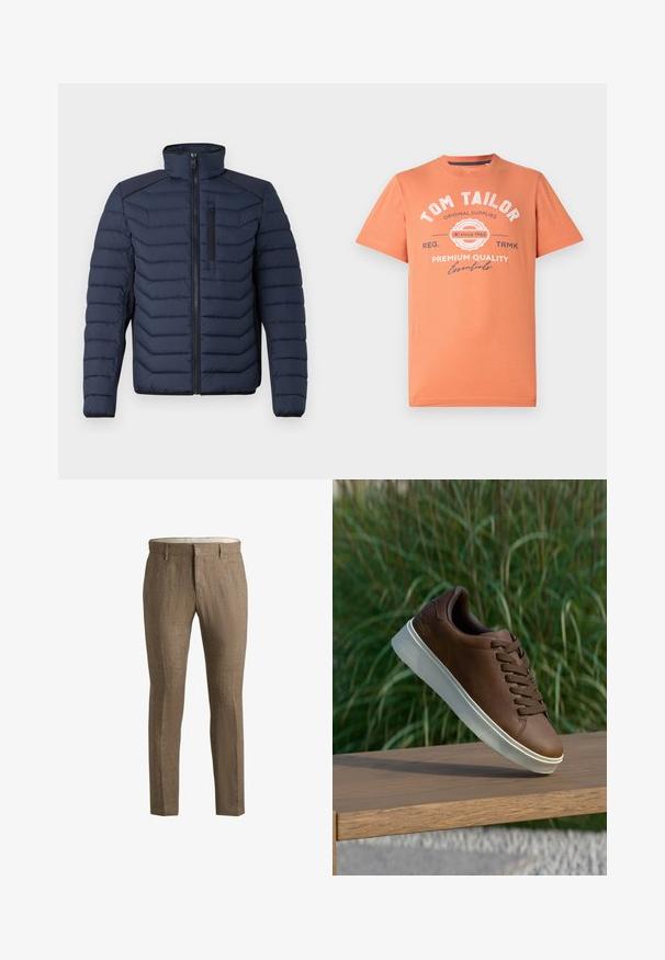 Marineblå pufferjakke med vertikal søm, høy krage, glidelås foran og brystlomme; har kontraststoff på skuldrene.; Kortsleeve T-skjorte i koralloransje med rund halslinning. Har hvite grafiske tekster og logo detaljer på forsiden. Laget av bomull.; Brune linbukser med en teksturert overflate. Har en klassisk snitt, sidelommer og en diskret frontlukking.; Brune lærersneaker med hvit gummisåle, rund tå og brune lisser. Teksturert grep på sålen og glatt overflate på overdelen.