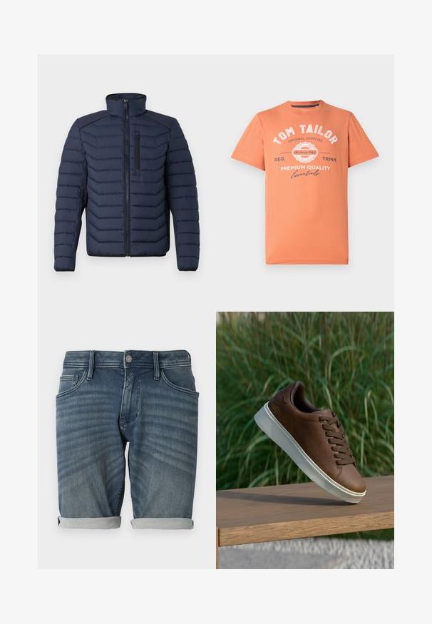 Jūras spēku pufera jaka ar vertikālām šuvēm, augstu apkakli, ar rāvējslēdzēju priekšā un krūšu kabatu; ar kontrastējošu audumu uz pleciem.; Sak_SHORT-mēneša T-krekls koralloranžā krāsā ar apaļu kakla izgriezumu. Priekšpusē ar baltu grafisko tekstu un logotipa detaļām. Veidots no kokvilnas.; Denima īsās bikses gaiši līdz vidēji zilā krāsā ar nodilumu, ar sarullētu apakšmalu, piecām kabatām un metāla pogas aizdari jostasvietā.; Brūni ādas tenisi ar baltu gumijas zoli, noapaļota purngala un brūniem šņorēm. Zoles teksturētā saķere un gluda virsma augšdaļā.