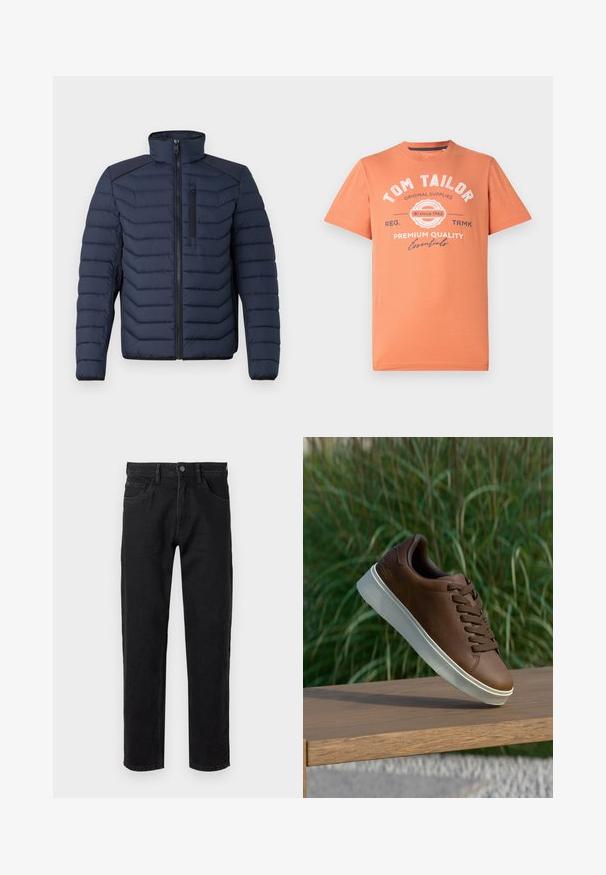 Casaco tipo puffer azul-marinho com costuras verticais, gola alta, fecho de correr à frente e bolso no peito; apresenta tecido contrastante nos ombros.; T-shirt de mangas curtas em laranja coral com decote redondo. Apresenta texto gráfico branco e detalhes do logótipo na parte da frente. Material em algodão.; Jeans de denim preto com um corte de perna reta, design de cinco bolsos e fecho de botão metálico. Textura suave com desbotamento mínimo.; Sapatilha de couro castanho com sola de borracha branca, bico redondo e atacadores castanhos. Superfície texturizada na sola e acabamento suave na parte superior.