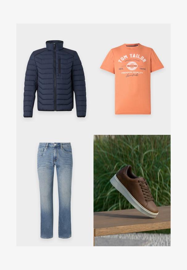 Chaqueta acolchada de color navy con costuras verticales, cuello alto, cierre de cremallera en la parte delantera y bolsillo en el pecho; presenta un tejido contrastante en los hombros.; Camiseta de manga corta en color coral naranja con cuello redondo. Presenta texto gráfico en blanco y detalles de logotipo en la parte frontal. Material de algodón.; TOM TAILOR MARVIN - Vaqueros rectos - clean light stone blue denim; Zapatilla de cuero marrón con suela de goma blanca, puntera redondeada y cordones marrones. Agarre texturizado en la suela y acabado suave en la parte superior.