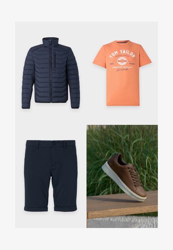 Casaco tipo puffer azul-marinho com costuras verticais, gola alta, fecho de correr à frente e bolso no peito; apresenta tecido contrastante nos ombros.; T-shirt de mangas curtas em laranja coral com decote redondo. Apresenta texto gráfico branco e detalhes do logótipo na parte da frente. Material em algodão.; Calções azul-escuro feitos de algodão com uma textura lisa, apresentando punhos dobrados e um fecho de botão na cintura.; Sapatilha de couro castanho com sola de borracha branca, bico redondo e atacadores castanhos. Superfície texturizada na sola e acabamento suave na parte superior.