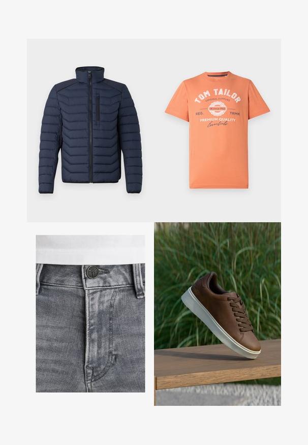 Mornarska puf jakna z navpičnim šivom, visokim ovratnikom, zadrgo spredaj in žepom na prsih; ima kontrastno blago na ramenih.; T-maica s kratkimi rokavi v koralno oranžni barvi z okroglo izrezom. Ima bel grafični napis in detajle logotipa spredaj. Iz bombažnega materiala.; Sive traperice z dimenzionalno teksturo, z črnim kovinskim gumbom in kontrastnim belim šivanjem ob pasu in žepih.; Rjave usnjene tene s belim gumijastim podplatom, zaobljenim nosom in rjavimi vezalkami. Teksturni oprijem na podplatu in gladka površina na zgornjem delu.