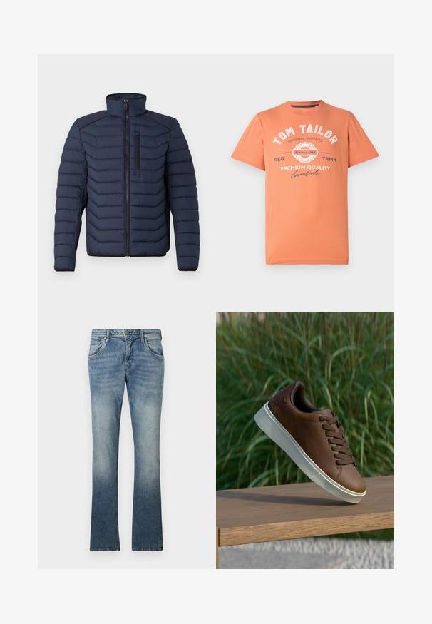 Casaco tipo puffer azul-marinho com costuras verticais, gola alta, fecho de correr à frente e bolso no peito; apresenta tecido contrastante nos ombros.; T-shirt de mangas curtas em laranja coral com decote redondo. Apresenta texto gráfico branco e detalhes do logótipo na parte da frente. Material em algodão.; Jeans flare em denim azul claro com lavagem degradê, design de cinco bolsos, fecho de botão de metal e costura visível ao longo das costuras.; Sapatilha de couro castanho com sola de borracha branca, bico redondo e atacadores castanhos. Superfície texturizada na sola e acabamento suave na parte superior.