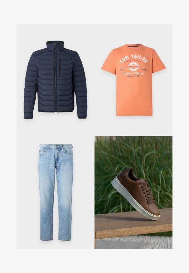 Casaco tipo puffer azul-marinho com costuras verticais, gola alta, fecho de correr à frente e bolso no peito; apresenta tecido contrastante nos ombros.; T-shirt de mangas curtas em laranja coral com decote redondo. Apresenta texto gráfico branco e detalhes do logótipo na parte da frente. Material em algodão.; Fatos de denim azul claro com corte reto, design de cinco bolsos, textura desbotada e fecho clássico de botão e zip.; Sapatilha de couro castanho com sola de borracha branca, bico redondo e atacadores castanhos. Superfície texturizada na sola e acabamento suave na parte superior.