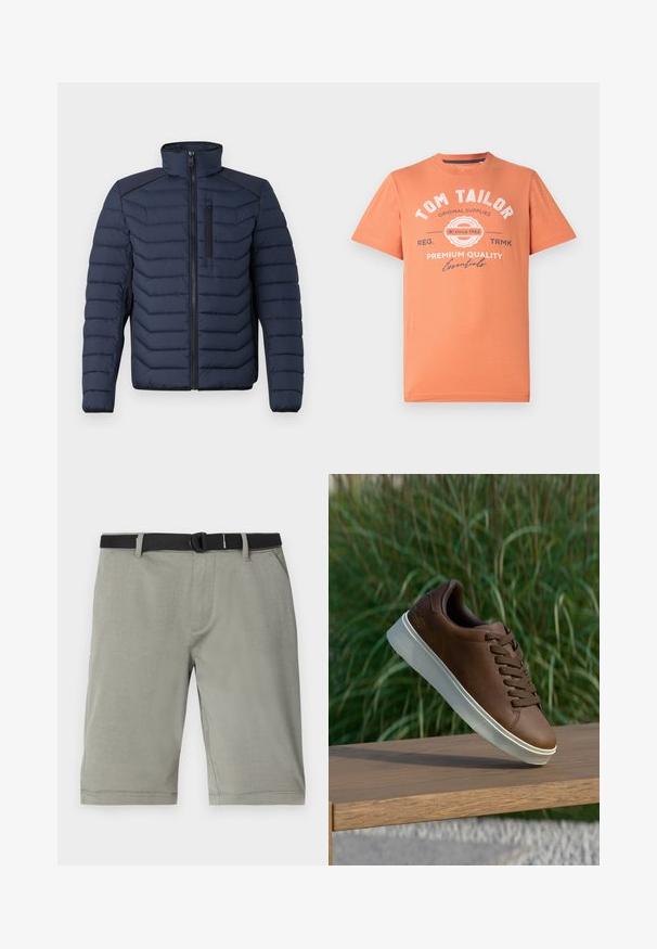 Navy puffer jacket with vertical stitching, high collar, zip front, and chest pocket; features contrasting fabric on shoulders.; Short-sleeve T-shirt in coral orange with round neckline. Features white graphic text and logo detailing on the front. Cotton material.; Gray shorts made of a textured fabric, featuring a black belt, standard pockets, and a hem finishing just above the knee.; Brown leather sneaker with white rubber sole, rounded toe, and brown laces. Textured grip on the sole and smooth finish on the upper.