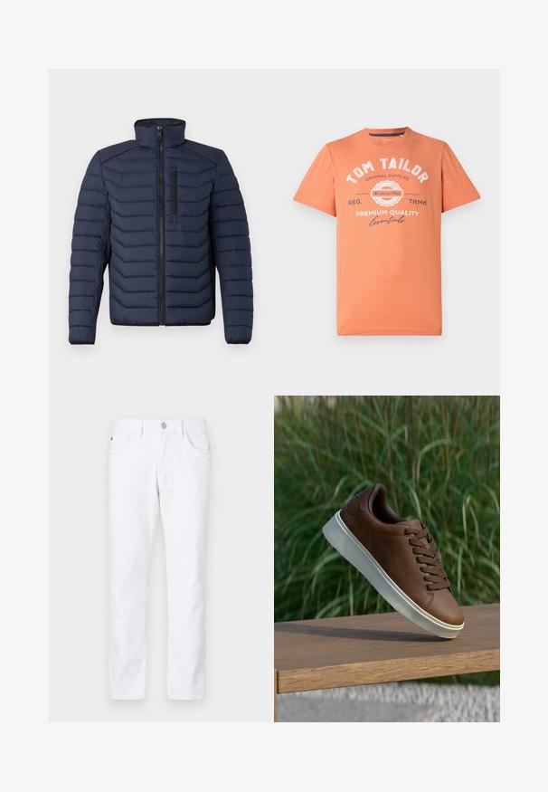 Navy puffer jacket with vertical stitching, high collar, zip front, and chest pocket; features contrasting fabric on shoulders.; Short-sleeve T-shirt in coral orange with round neckline. Features white graphic text and logo detailing on the front. Cotton material.; White cotton jeans with a straight-leg design, featuring a button closure, five pockets, and subtle stitching details.; Brown leather sneaker with white rubber sole, rounded toe, and brown laces. Textured grip on the sole and smooth finish on the upper.