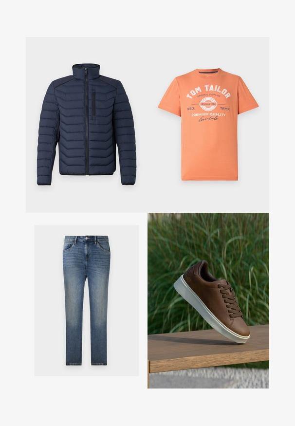 Niebieska kurtka puchowa z pionowymi przeszyciami, wysokim kołnierzem, zamkiem z przodu i kieszenią na piersi; posiada kontrastowy materiał na ramionach.; T-shirt z krótkim rękawem w kolorze koralowym z okrągłym dekoltem. Posiada białe graficzne napisy i detale z logo z przodu. Materiał bawełniany.; TOM TAILOR JOSH SLIM jasnoniebieski denim; Brązowe skórzane sneakersy z białą gumową podeszwą, okrągłym noskiem i brązowymi sznurówkami. Teksturowany uchwyt na podeszwie i gładkie wykończenie na górze.