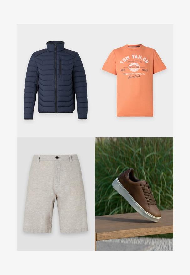 Marineblå pufferjakke med vertikal søm, høy krage, glidelås foran og brystlomme; har kontraststoff på skuldrene.; Kortsleeve T-skjorte i koralloransje med rund halslinning. Har hvite grafiske tekster og logo detaljer på forsiden. Laget av bomull.; Beige linshorts med en glatt tekstur, med en enkelt knappelukking, beltehemper og en rett kutt som når midt på låret.; Brune lærersneaker med hvit gummisåle, rund tå og brune lisser. Teksturert grep på sålen og glatt overflate på overdelen.