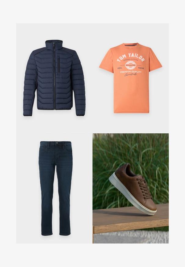 Marineblå pufferjakke med vertikal søm, høy krage, glidelås foran og brystlomme; har kontraststoff på skuldrene.; Kortsleeve T-skjorte i koralloransje med rund halslinning. Har hvite grafiske tekster og logo detaljer på forsiden. Laget av bomull.; Mørkeblå denim jeans med rett ben, med fem lommer, knappelukking og subtil fading foran.; Brune lærersneaker med hvit gummisåle, rund tå og brune lisser. Teksturert grep på sålen og glatt overflate på overdelen.