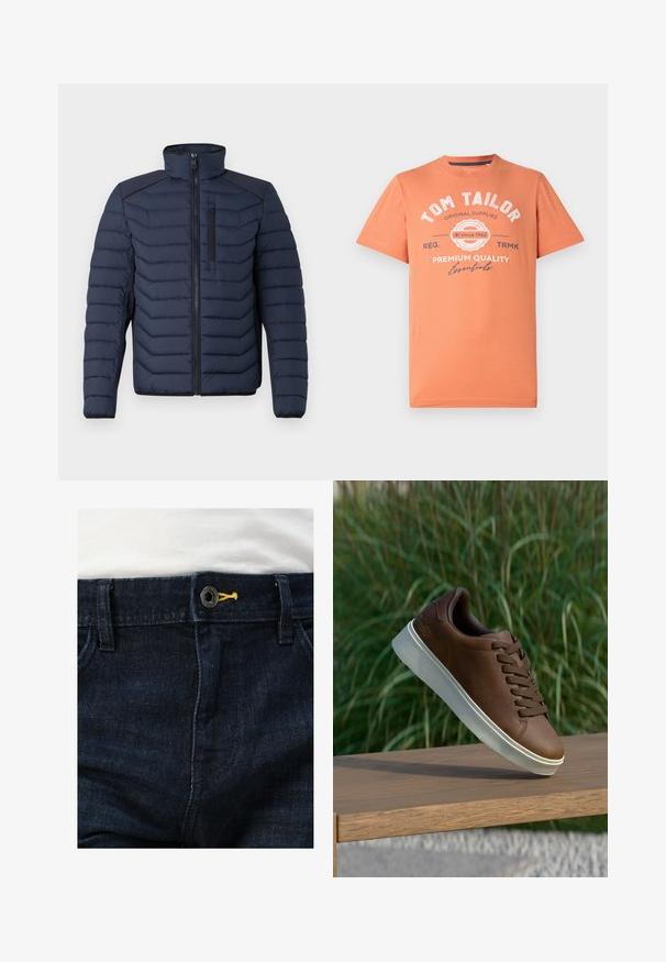 Giacca a vento navy con cuciture verticali, colletto alto, zip frontale e taschino sul petto; presenta un tessuto contrastante sulle spalle.; T-shirt a maniche corte in arancione corallo con collo rotondo. Presenta testo grafico bianco e dettagli con logo sul davanti. Materiale in cotone.; Jeans in denim blu scuro con chiusura a bottone standard con un accento giallo e multiple tasche. La texture appare liscia con una leggera lucentezza.; Sneaker in pelle marrone con suola in gomma bianca, punta arrotondata e lacci marroni. Grip testurizzato sulla suola e finitura liscia sulla parte superiore.