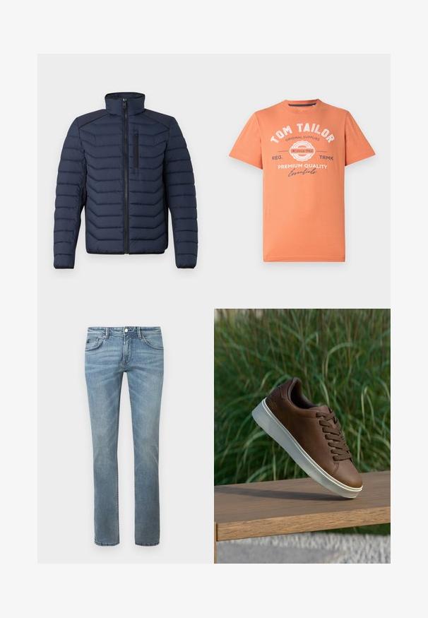 Meripuku takki, jossa on pystysuorat ompeleet, korkea kaulus, vetoketjukiinnitys ja rintatasku; olkapäissä kontrastiväriä.; T-paita lyhyillä hihoilla korallioranssina, pyöreällä kaula-aukolla. Etuosassa valkoista graafista tekstiä ja logoa. 100% puuvillaa.; Vaaleansiniset farkut suoranlahkeisella muotoilulla, valmistettu denimestä. Ominaisuuksiin kuuluvat tavalliset taskut, vyölenkit ja hienovarainen kuluminen.; Ruskeat nahkakengät valkoisella kumipohjalla, pyöristetty kärki ja ruskeat nauhat. Pohjassa on karhea pinta ja yläosassa sileä viimeistely.