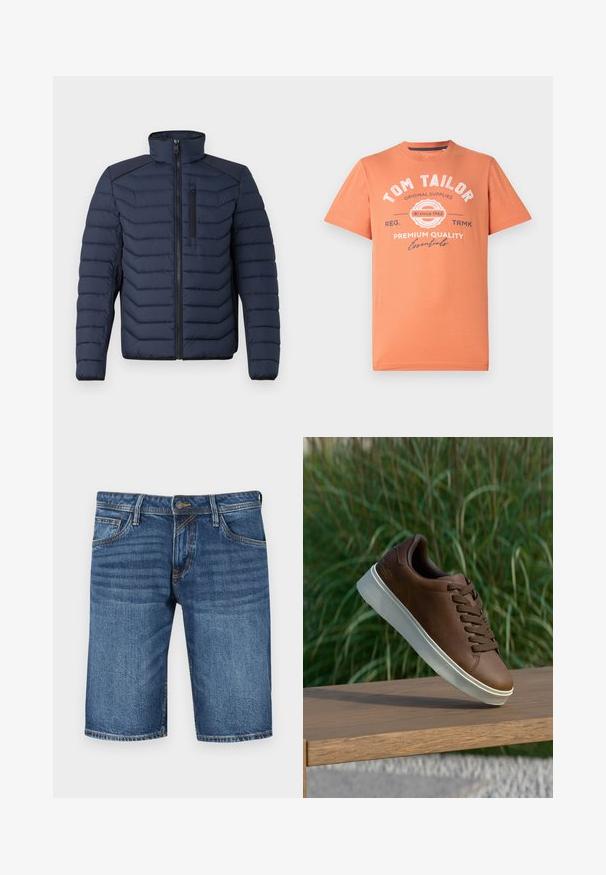 Meripuku takki, jossa on pystysuorat ompeleet, korkea kaulus, vetoketjukiinnitys ja rintatasku; olkapäissä kontrastiväriä.; T-paita lyhyillä hihoilla korallioranssina, pyöreällä kaula-aukolla. Etuosassa valkoista graafista tekstiä ja logoa. 100% puuvillaa.; Tummansininen farkku-bermuda-shortsit, joissa on suora leikkaus, viiden taskun muotoilu ja kontrastiommellut saumat. Napin ja vetoketjun sulkeminen vyötäröllä.; Ruskeat nahkakengät valkoisella kumipohjalla, pyöristetty kärki ja ruskeat nauhat. Pohjassa on karhea pinta ja yläosassa sileä viimeistely.