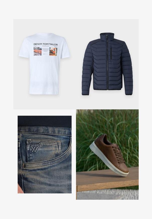 Marineblaue Steppjacke mit vertikalen Nähten, hohem Kragen, durchgehendem Reißverschluss und Brusttasche; mit kontrastierendem Stoff auf den Schultern.; Weißes Baumwoll-T-Shirt mit drei grafischen Drucken, schwarzem Text und Logos von "Denim Tom Tailor". Kurze Ärmel und Rundhalsausschnitt.; Blaue Jeans aus Denim mit einem ausgeblichenen Muster, ausgestattet mit einer Münztasche und einem schwarzen Logo-Akzent auf der Vorderseite. Der Bund besteht aus dunkelblauem, geripptem Stoff.; Braune Ledersneaker mit weißer Gummisohle, runder Zehenform und braunen Schnürsenkeln. Strukturierte Grip-Oberfläche auf der Sohle und glatte Verarbeitung im oberen Bereich.