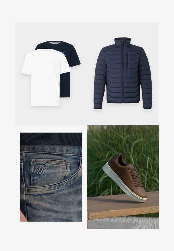 Mornarska puf jakna z navpičnim šivom, visokim ovratnikom, zadrgo spredaj in žepom na prsih; ima kontrastno blago na ramenih.; Dve majice s krojem okruglog izreza: jedna bijela sa svijetlim tekstom, a druga mornarsko plava s grafičkim printom. Obe su kratkih rukava i izrađene su od mekanog materijala.; Modre denim kavbojke z izbledelo teksturo, z žepkom za kovance in črnim logotipom spredaj. Pas je iz temno mornarsko modrega rebrastega blaga.; Rjave usnjene tene s belim gumijastim podplatom, zaobljenim nosom in rjavimi vezalkami. Teksturni oprijem na podplatu in gladka površina na zgornjem delu.