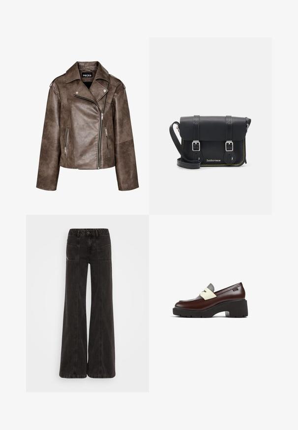 Brown faux leather motorcycle jacket with an asymmetrical zip, two side pockets, wide collar, and shoulder epaulets.; Burgundy ribbed long-sleeve top with a scoop neckline and three button detail at the chest. Made of textured knit material.; Black wide-leg jeans made of denim, featuring a high waist, front pockets, and tonal stitching along the seams.; Brown leather loafer with a light gray accent, featuring a chunky black platform sole and a metal logo detail near the heel.; Black leather crossbody bag with a flap, two silver buckles, yellow stitching, and an adjustable strap. Features a smooth texture and compact design.