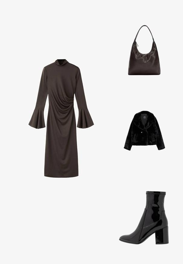 Crna jakna od umjetnog krzna s izrezanim ovratnikom, prednjim kopčanjem na dugmadi i skraćenim dizajnom. Mekana tekstura i standardne duge rukave.; Smeđa haljina dugih rukava s visokim vratom, nabranim dizajnom sa strane i razdvojenim manžetama od glatke tkanine.; Crne lakirane gležnjače sa glatkom teksturom, šiljastim prstom i strukturiranim blok potpeticama. Posjeduje dizajn bez zatvarača i kontrastno šivenje.; Smeđa kožna torba preko ramena s mekim, opuštenim dizajnom. Torba ima široku traku i minimalistički oblik, upotpunjena suptilnom teksturom.