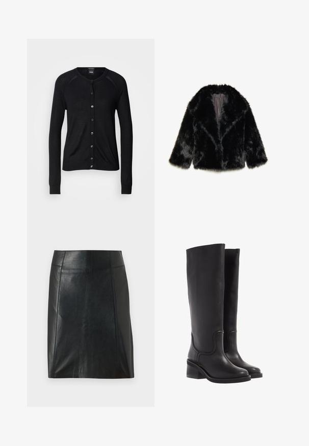 Črna umetna krznena jakna s ovratnikom, rokavi do tri četrtine in satensko podlogo. Teksturni, puhasti zaključek z sproščenim krojem.; Črn kardigan z okroglim izrezom, dolgimi rokavi, zapenjanjem na gumbe in gladko teksturo; vključuje srebrne gumbe in rebraste manšete.; Majice z dolgimi rokavi v beli, burgundski in črni barvi. Narejene so iz mehke tkanine, imajo okroglo izrez in prilegajoč kroj. Primerne so za plastenje.; Črna usnjena krilo s prilegajočo zasnovo. Gladka tekstura, šivi, ki obdajajo obliko, in ravna obroba. Minimalističen in eleganten videz.; Črne usnjene škornje do kolen z gladko teksturo, zaokroženim prstom in robustnim petnim delom. Imajo diskretne šive in poenoteno zasnovo.