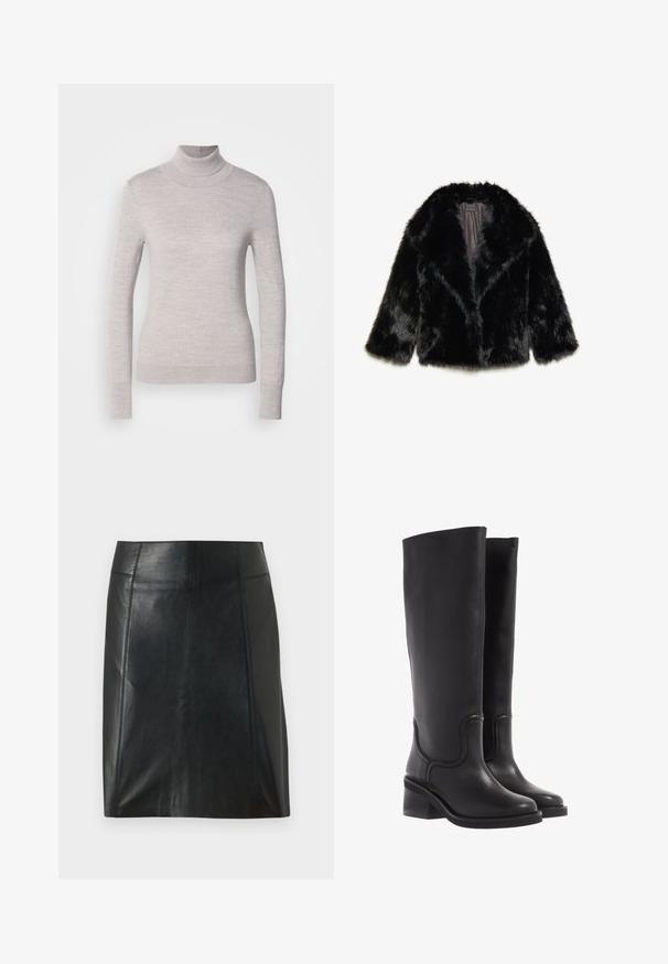Svart fake pelsjakke med krage, trekvart ermer, og satengfôr. Teksturert, fluffy finish med en avslappet silhuett.; Lys grå turtleneck genser laget av myk strikket stoff, med lange ermer og en tettsittende silhuett med ribbede mansjetter og nederkant.; Svart lærskjørt med en tettsittende design. Jevn tekstur, sømmer som fremhever formen, og en rett kant. Minimalistisk og elegant utseende.; Sorte lærstøvler til knærne med en glatt tekstur, rund tå, og en kraftig hæl. Har subtile sømmer og et strømlinjeformet design.