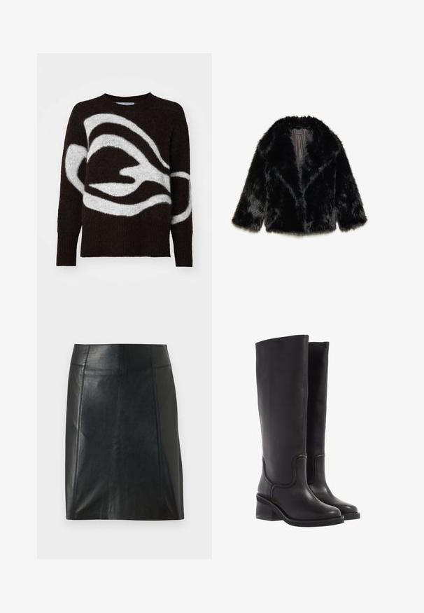 Črna umetna krznena jakna s ovratnikom, rokavi do tri četrtine in satensko podlogo. Teksturni, puhasti zaključek z sproščenim krojem.; Rjav in bel pulover s potiskom, narejen iz mehkega materiala, z okroglo izrezom in dolgimi rokavi ter fluidnim, abstraktnim vzorcem.; Črna usnjena krilo s prilegajočo zasnovo. Gladka tekstura, šivi, ki obdajajo obliko, in ravna obroba. Minimalističen in eleganten videz.; Črne usnjene škornje do kolen z gladko teksturo, zaokroženim prstom in robustnim petnim delom. Imajo diskretne šive in poenoteno zasnovo.