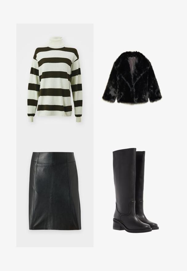 Czarna kurtka z sztucznego futra z kołnierzem, rękawami o długości trzech czwartych i satynowym wykończeniem wewnętrznym. Teksturowane, puszyste wykończenie o swobodnym kroju.; Sweter w paski z szerokimi ciemno-brązowymi i jasnoszarymi paskami, projekt z golfem, długie rękawy i miękka faktura.; Czarna skórzana spódnica o dopasowanym kroju. Gładka tekstura, szwy podkreślające kształt i prosty dół. Minimalistyczny i elegancki wygląd.; Czarne skórzane kozaki do kolan o gładkiej fakturze, zaokrąglonym nosku i masywnym obcasie. Posiadają subtelne przeszycia i elegancki kształt.