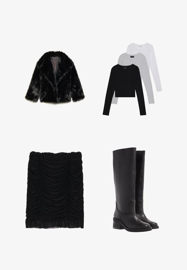 Chaqueta de piel sintética negra con cuello, mangas tres cuartos y forro interior de satén. Acabado texturizado y esponjoso con una silueta relajada.; Tres camisetas de manga larga apiladas: negra, gris y blanca. Cada una tiene un escote redondo y un diseño recortado con una tela suave y ligera.; Minifalda negra con tejido fruncido, con un diseño arrugado y un dobladillo con volantes. Fabricada con material suave de textura lisa.; Botas de cuero negro hasta la rodilla con una textura suave, punta redondeada y un tacón ancho. Presenta costuras sutiles y un diseño aerodinámico.