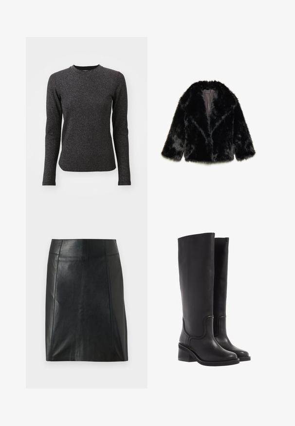 Svart fake pelsjakke med krage, trekvart ermer, og satengfôr. Teksturert, fluffy finish med en avslappet silhuett.; Svart langermet genser laget av teksturert, ribbet stoff med rund hals. Har subtile glitrende tråder for ekstra detaljer.; Svart lærskjørt med en tettsittende design. Jevn tekstur, sømmer som fremhever formen, og en rett kant. Minimalistisk og elegant utseende.; Sorte lærstøvler til knærne med en glatt tekstur, rund tå, og en kraftig hæl. Har subtile sømmer og et strømlinjeformet design.