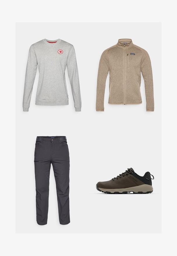 Fleece-takki vaaleanruskeana, jossa on korkea kaulus ja täysipituinen vetoketju. Ominaisuuksiin kuuluu beige-viimeistely ja pieni logo vasemmassa rinnassa. Teksturoitu kangas.; Harmaa crewneck-huppari, joka on valmistettu puuvillasekoitteesta. Hupussa on punainen pyöreä logo rinnassa ja ribbaavat hihansuut sekä helma.; Tummanharmaat housut, jotka on valmistettu kestävästä kankaasta. Niissä on vetoketjullinen tasku, suora leikkaus ja vyölenkit säädettävää istuvuutta varten.; Ruske vedenäyttävät lenkkarit, joissa on tekstuuroitu päällinen, reikiä korostavia yksityiskohtia, musta kantatuki ja harmaa kumipohja. Kiristysnauhoissa on metalliset päät.