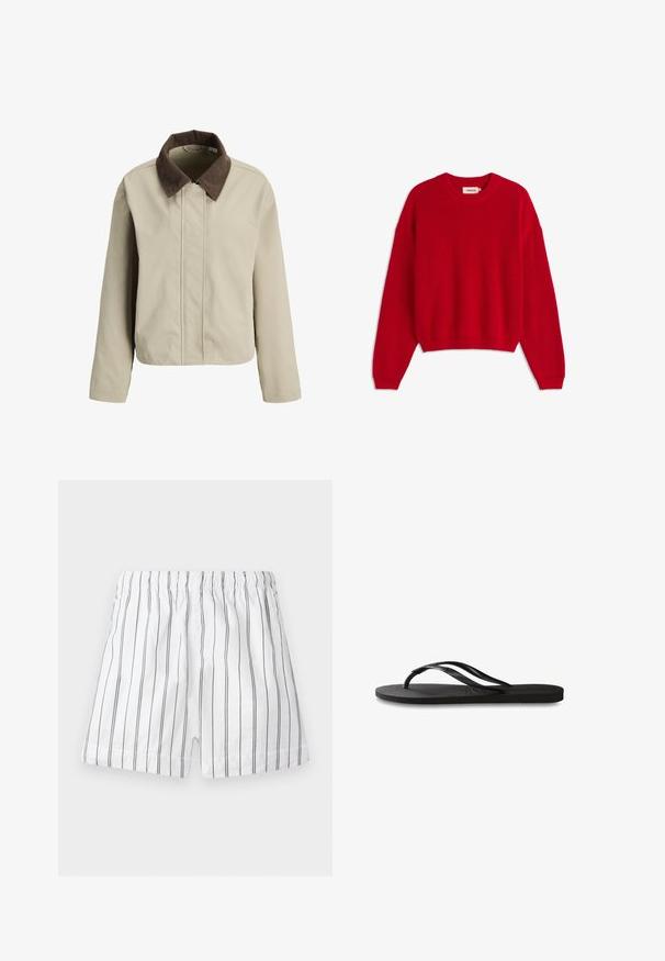 Beige jacket with a brown corduroy collar, zip front, and long sleeves. Smooth texture with a relaxed fit and minimal detailing.; Red knitted sweater with a round neckline, ribbed texture, and long sleeves. Features a relaxed fit and a cropped hem. Tags visible inside.; White shorts with thin vertical gray stripes, an elastic waistband, and a comfortable fit. Made from lightweight fabric for breathability.; Black flip-flop featuring a textured rubber sole, two slender straps, and a subtle, embossed logo detail on the strap.