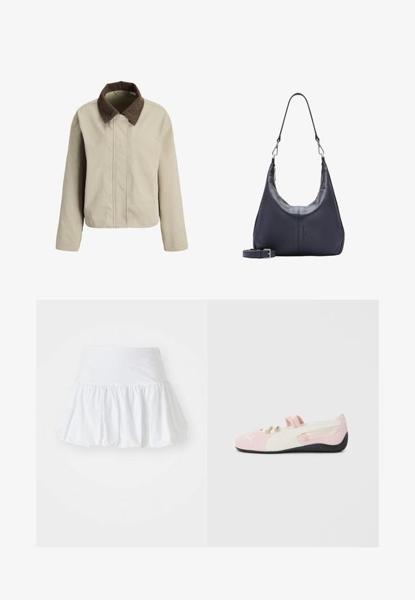 Beżowa kurtka z brązowym kołnierzem z sztruksu, zapinana na zamek, z długimi rękawami. Gładka tekstura, luźny krój i minimalne detale.; Jasnoróżowa koszula z długim rękawem w białe pionowe paski oraz pasujący krawat. Gładka faktura, kołnierzyk zapinany na guziki i mankiety z guzikami.; Biała spódnica w kształcie dzwonu wykonana z lekkiego materiału, z marszczonym wzorem i elastycznym paskiem w talii dla wygody. Brak widocznych wzorów lub akcentów.; Różowe zamszowe buty wsuwane z białymi akcentami, gumową podeszwą i elastycznymi paskami. Posiadają teksturowany wzór oraz małe logo z przodu.; Granatowa skórzana torba na ramię z odczepianym paskiem, srebrnymi zapięciami i subtelnym pionowym detalem z logo na środkowej części przodu.