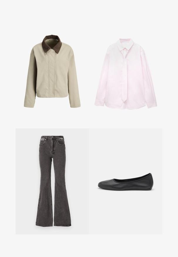 Bežová bunda s hnedým kordovým golierom, so zipsom vpredu a dlhými rukávmi. Hladká textura s uvoľneným strihom a minimálnym detailom.; Svetloružová košeľa s dlhým rukávom a bielymi vertikálnymi pruhmi, spolu s ladiacou kravatu. Hladká textura, golier s gombíkmi a manžety s gombíkmi.; Čierne rozšírené džínsy vyrobené z denimu s vyblednutou textúrou, s prednými vreckami, pásikmi na opasok a kovovými akcentmi na páse.; Čierne kožené baleríny s okrúhlou špičkou, hladkým povrchom, minimálnym prešívaním a flexibilným dizajnom podrážky.