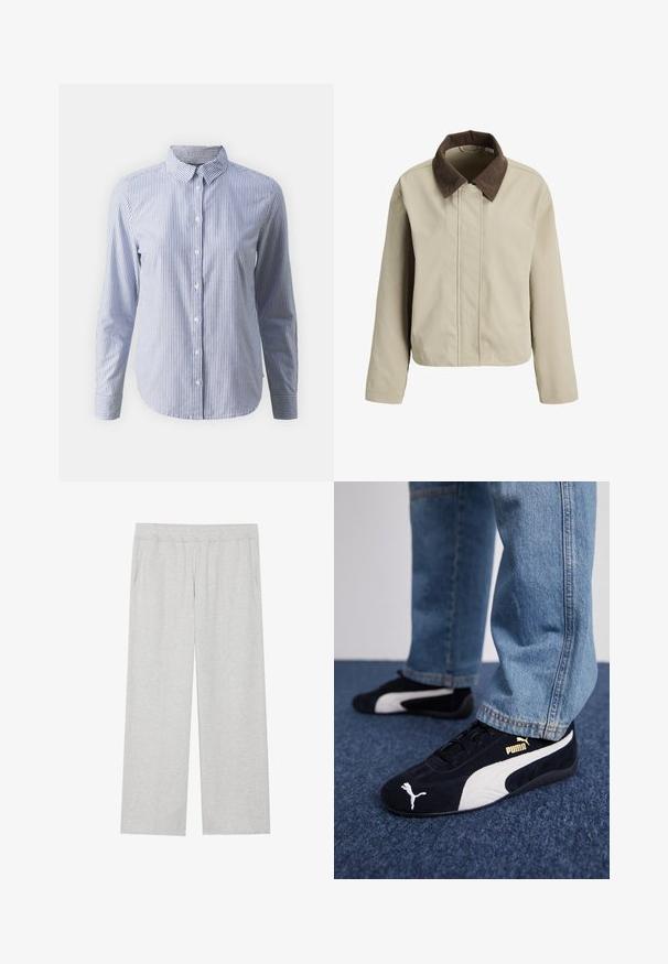 Beež jakk pruunist kardedest kraest, lukuga ees ja pikkade varrukatega. Sile tekstuur, lõdva istumisega ja minimaalsete detailidega.; Sinise ja valgete vertikaalsete triipudega nööbiga särk; pikad varrukad, krae ja sile puuvillane tekstuur sirge servaga.; Heledad hallhallid, laiad dressipüksid pehmest kangast. Omavad elastset vöökoht ja küljetaskuid. Sile tekstuur ja puhas disain.; Mustad nubukist kingad valgete aktsentidega, millel on kullavärvi logo. Kandmine helesinine teksapükstega ja asetatud tekstuursele sinisele pinnale.