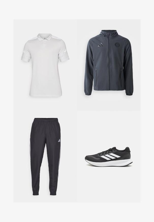 Dunkelgraue Zip-Jacke mit Kapuze, aus leichtem Stoff gefertigt, mit elastischen Bündchen und Seitentaschen. Mit Adidas- und Bayern München-Logos.; Weißes Polohemd aus strukturiertem Stoff, mit klassischem Kragen, drei Knopfverschluss und drei weißen Streifen auf den Schultern.; Schwarze Sporthosen mit elastischem Bund, mit weißen Streifen an den Seiten und einem kleinen Logo an der Hüfte. Glatte Textur.; Schwarzer Sportschuh mit atmungsaktivem Mesh-Obermaterial, weißen Akzenten und einer gepolsterten Sohle. Mit drei Streifen-Logo an der Seite.
