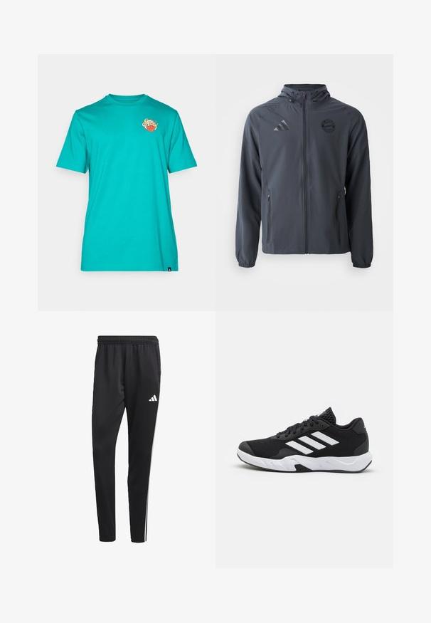 Dark gray zip-up jacket with a hood, designed with lightweight fabric, elastic cuffs, and side pockets. Features Adidas and Bayern Munich logos.; Turquoise cotton t-shirt with a crew neck, featuring a colorful graphic logo on the left chest. Short sleeves and straight hem.; Black athletic pants with a stretchy waistband, white side stripes, and a small white logo on the thigh. Made from a smooth, lightweight material.; Black athletic shoes with a textured mesh upper, white accent stripes, a cushioned sole, and a reinforced heel for support.