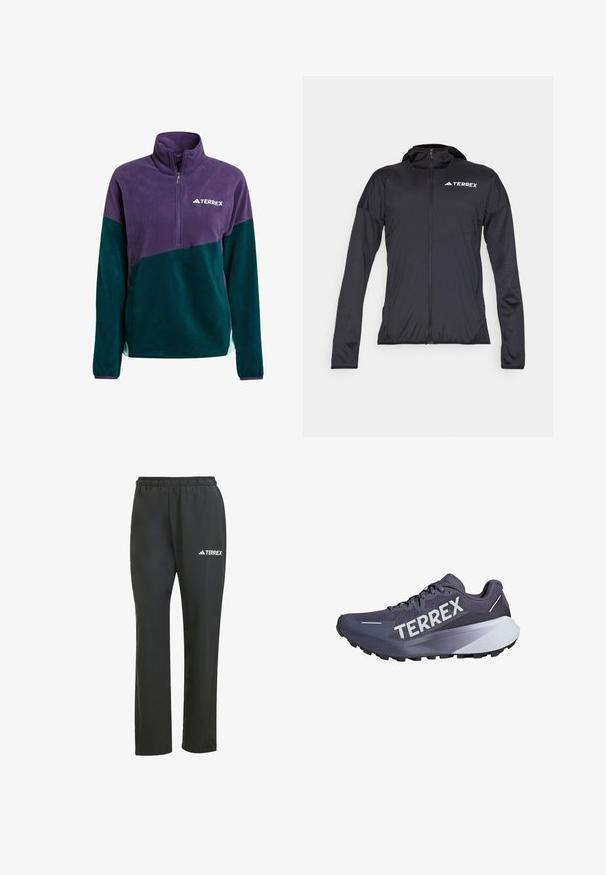 Zwarte Terrex-jack met lange mouwen, ritssluiting aan de voorkant en een nauwsluitend ontwerp. Gemaakt van lichtgewicht, glad materiaal; heeft een capuchon en logodetail.; Paarse en donkergroene fleece pullover met ritssluiting, voorzien van een hoge kraag en een klein wit logo op de borst. Zachte textuur, sportief ontwerp.; Zwarte lichtgewicht broek met een elastische tailleband. Heeft een subtiel "TERREX" logo in het wit. Glad materiaal en rechtvallend ontwerp.; Paarse hardloopschoen met een bovenwerk van mesh, gedurfde "TERREX" branding, gestructureerde zool en gelaagd ontwerp met witte en donkergrijze accenten.