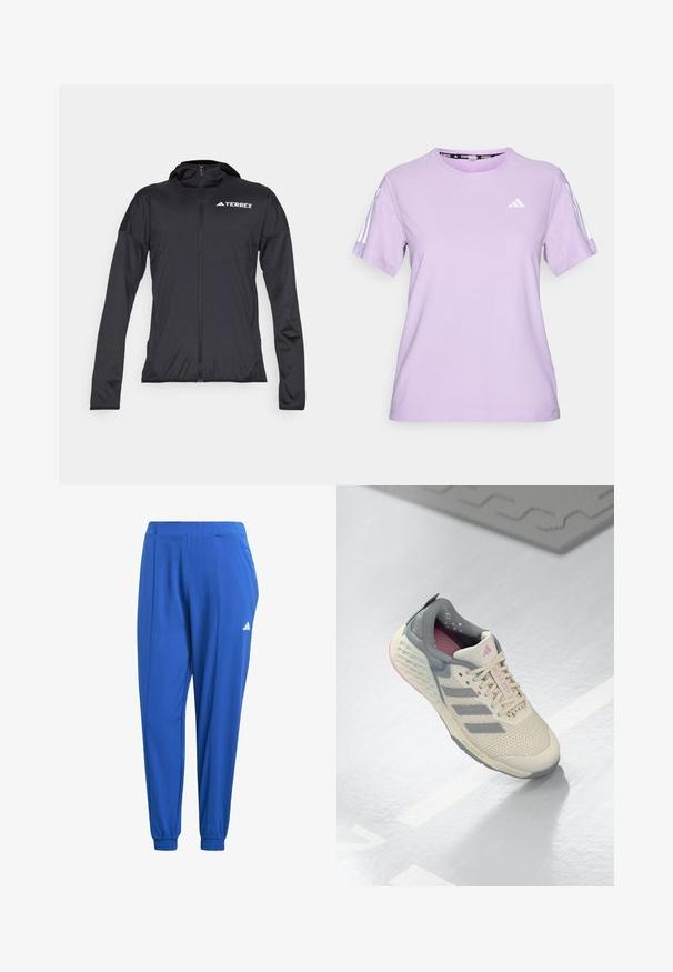Czarna kurtka Terrex z długimi rękawami, zapinana na zamek z przodu, o dopasowanym kroju. Wykonana z lekkiego, gładkiego materiału; posiada kaptur i detal z logo.; Fioletowa koszulka sportowa z krótkim rękawem, wykonana z oddychającego materiału, z okrągłym dekoltem, teksturowaną powierzchnią i trzema białymi paskami na ramionach.; adidas Performance AEROREADY niebieski; Beżowy but sportowy z szarymi akcentami, siateczkową cholewką i teksturowaną podeszwą. Posiada trzy szare paski i różowe detale wewnętrzne.