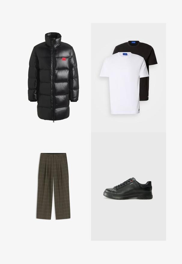 HUGO Donsjas - black one; Twee T-shirts gestapeld: één witte en één zwarte. Korte mouwen, ronde halslijnen, van katoen. Heeft een klein blauw logo op de halslijn.; Bruine geruite broek met een wijde broekspijp ontwerp, voorzien van voorplooien en een soepele tailleband. Gemaakt van een genuanceerde stof.; Zwarte leren sneaker met een gestructureerde bovenkant, gevoerde kraag en rode logo-details. Heeft een dikke rubberen zool met een opvallend loopvlakpatroon.