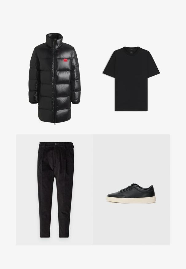 HUGO Untuvatakki - black one; Musta lyhythiha T-paita, joka on valmistettu sileästä puuvillasekoitteesta. Paita on varustettu pyöreällä pääntiehen ja siinä on minimaalinen muotoilu ilman kuvioita tai yksityiskohtia.; Mustat corduroy-housut tekstuuripinnalla, suora lahje, pleatattu etuosa ja joustovyötärö mukavuutta varten.; Musta matalavartinen nahkastretchu, jossa on mustat nauhat ja vaaleanharmaa pohja, esitetty sivuprofiilissa valkoista taustaa vasten.