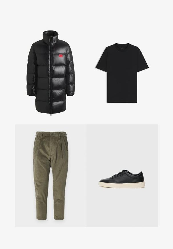 HUGO Dunkappa / -rock - black one; Svart kortärmad T-shirt i en mjuk bomullsblandning, med rundad halsringning och en minimalistisk design utan mönster eller detaljer.; Olivgrön manchesterbyxor med en avslappnad passform, som har veck, elastisk midja och avsmalnande ben. Texturerat tyg med vertikala ribbor.; Svart låg skor i läder med svarta snören och off-white sula, visas i sidoprofil på vit bakgrund.