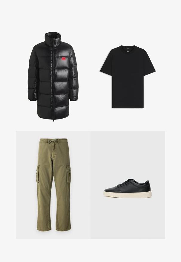HUGO Abrigo de plumas - black one; Camiseta negra de manga corta fabricada con una suave mezcla de algodón, que presenta un cuello redondo y un diseño minimalista sin patrones ni acentos.; Pantalones cargo en mezcla de algodón verde oliva, con una cinturilla elástica y cordón, bolsillos laterales tipo cargo y diseño de pierna recta.; Zapatilla negra de piel de caña baja con cordones negros y suela color crema, mostrada en perfil lateral sobre fondo blanco.